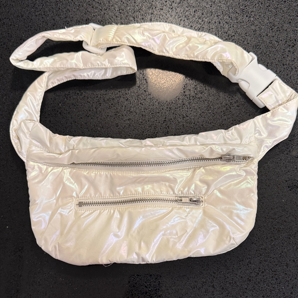 Iridescent White Belt Bag / Fanny Pack with 2 front zippers and adjustable band